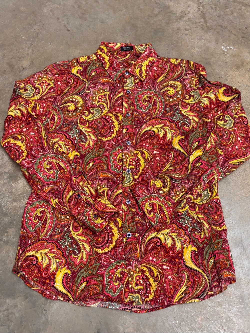 COOFANDY Paisley Button Down Long Sleeve Shirt Red Gold Vintage Style Mens Med